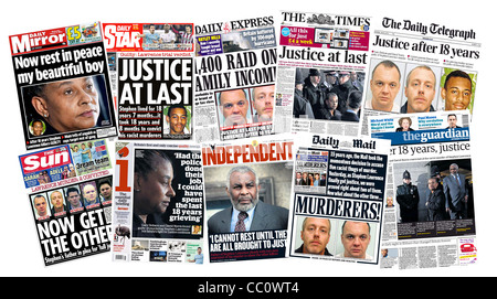 Britischen überregionalen Tageszeitungen Titelseite Abdeckung von Stephen Lawrence Mord Studie 2012. Stockfoto