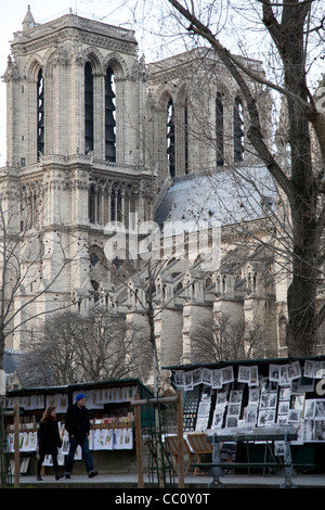 Kathedrale Notre-Dame mit Buch Stände am Ufer der Seine in Paris, Frankreich Stockfoto