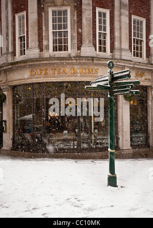 Betty's Cafe und Teestuben in St. Helen's Square in einer Schneedusche. York Stockfoto