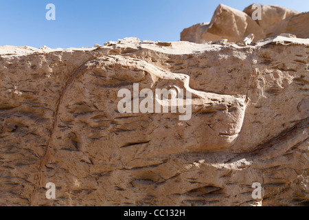 Nahaufnahme von Pavian auf Block in der Ruine der Tempel der Affen Periode von Pharao Seti ich am Kom el-Sultan in Abydos Mittelägypten geschnitzt Stockfoto