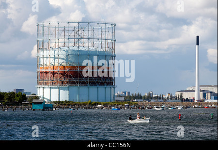 Alten Gasometer in Sundby Gasværk auf der Nord-östlichen Teil der Insel Amager, Kopenhagen, Dänemark Stockfoto