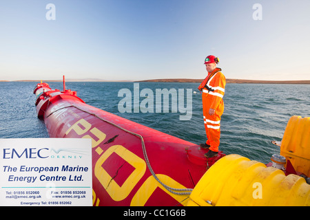 Ein Pelamis P2 Welle Energie Generator auf die Docks am Lyness auf Hoy, Orkney Inseln, Schottland, Vereinigtes Königreich Stockfoto