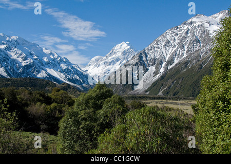 Der Mount Cook National Park umfasst der Tasman-Gletscher, Mount Cook und der Mackenzie-Becken auf der Südinsel Neuseelands. Stockfoto