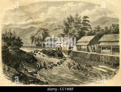 1854-Gravur, Tuch Mühle, ländliche Landschaft in Japan. Stockfoto