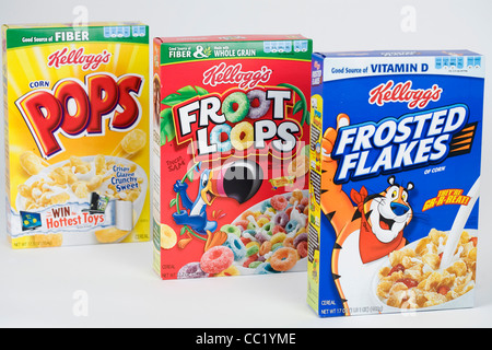 Corn Sie Pops, Froot Loops und Frosted Flakes Frühstückscerealien. Stockfoto