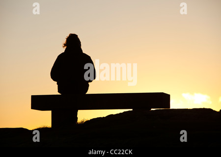 Ein Mann sitzt auf einem Denkmal Sitz auf Orrest Head oben Windermere im Lake District, Cumbria, England. Stockfoto