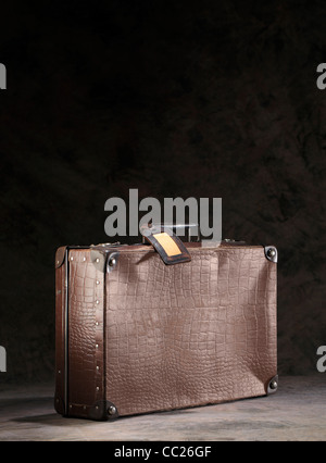 Alte braune Pappkoffer mit leeren Tag. Stockfoto