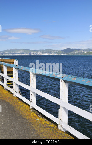 Petone Kai mit Blick auf Wellington City über Wellington Harbour, New Zealand. Stockfoto