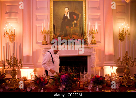 Vorbereitungen in der State Dining Room des weißen Hauses für das China Zustand-Abendessen. Stockfoto