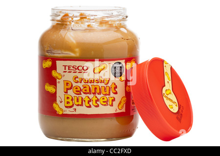 Glas Tesco Crunchy Erdnussbutter Stockfoto