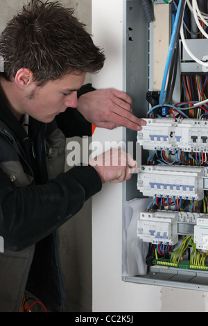 Elektriker überprüfen ein Verteiler Stockfoto