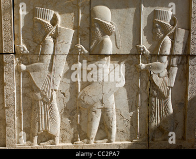 Ein geschnitztes Relief an den Wänden von der antiken Stadt Persepolis von persischen Kaiser Darius i. im 5. Jahrhundert v. Chr. gebaut. Stockfoto