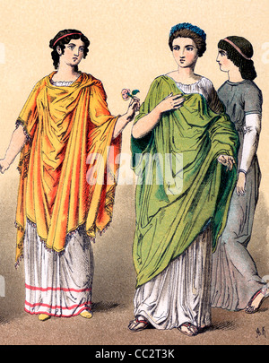 Kleid der römischen Frauen in späten republikanischen und kaiserlichen Zeiten (um 100 v. Chr. bis 100 n. Chr.). Beachten Sie die Frisuren. Stockfoto