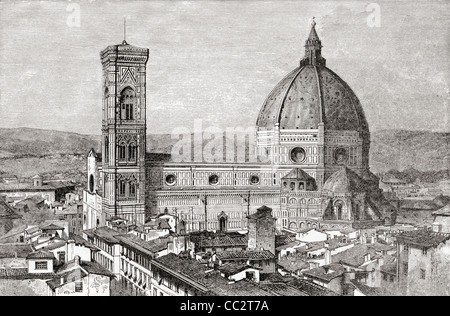 Der Dom und Kirchturm von der Basilica di Santa Maria del Fiore, Piazza del Duomo, Florenz, Italien im späten 19. Jahrhundert. Stockfoto