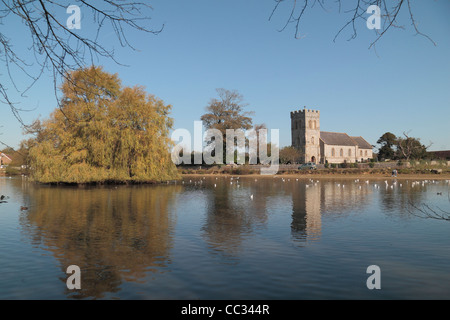 Dorfteich mit St. Laurence Kirche hinter in dem hübschen Dorf Falmer, East Sussex, UK. Stockfoto