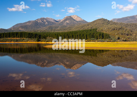 Nachmittag Reflexionen des Mount Buffalo auf See in der Nähe von Buffalo Myrtleford im Nordosten Victoria, Australien Stockfoto