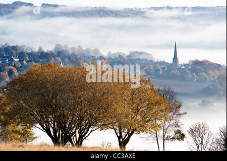 Blick vom Rand Common in Painswick in Sheepscombe, Stroud. Die gemeinsamen und die fernen Buchenwälder sind National Nature Reserve Stockfoto