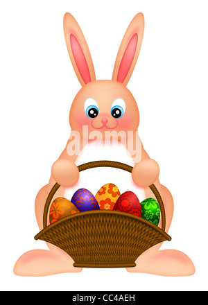 Frohe Osterhase hält einen Korb mit bunten Eiern Illustration, Isolated on White Background Stockfoto