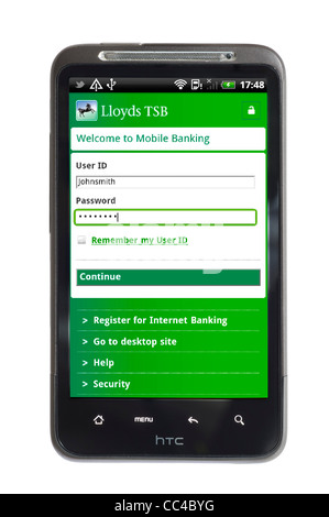 Anmeldung bei mobile-Banking mit der Lloyds TSB-app auf einem HTC-smartphone Stockfoto
