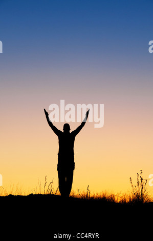 Mann mit erhobenen Armen in der indischen Landschaft in der Dämmerung. Silhouette Stockfoto