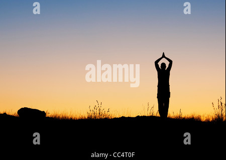 Man bietet Gebete in der indischen Landschaft in der Dämmerung. Silhouette. Indien Stockfoto