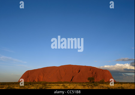 Sonnenuntergang am Uluru; Ayers Rock leuchtet Orange unter der Einstellung Sonne, Uluru-Kata Tjuta National Park, Northern Territory, Australien Stockfoto