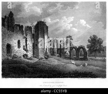 Lincluden College (Collegiate Church Lincluden Priory oder Lincluden Abbey) eine Gravur aus einem 1805 veröffentlichten Buch über Robert Burns. Stockfoto