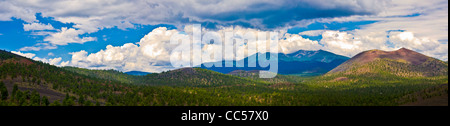 Einen Panoramablick über Sunset Crater National Monument und die Kachina Gipfel nördlich von Flagstaff, AZ. Stockfoto