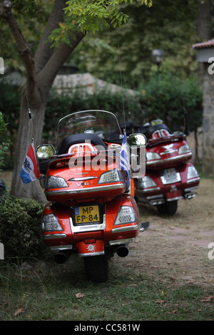 Dokumentarische Bilderreihe, aufgenommen beim ersten Griechenland Treffen Honda Goldwing Event. Clubmitglieder reisen für eine Party um die Welt. Stockfoto