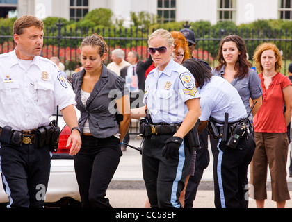 Eine junge weibliche Demonstrant ist mit Handschellen gefesselt und protestieren vor dem weißen Haus - Washington, DC USA inhaftiert Stockfoto