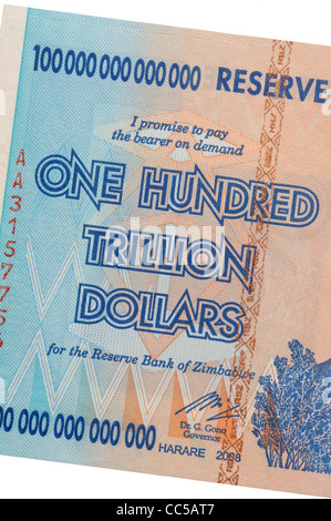 Hundert Billionen Dollar Bank Note, hundert Billionen Dollar Simbabwe Bank Note Stockfoto