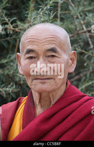 Porträt von Smiling tibetischen Mönch zerknittert aus der rauen Sonne Himalaya, Tibet, China Stockfoto