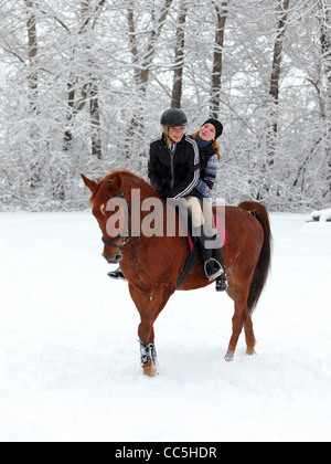 Zwei blonde 22-Jahre Mädchen mit ihrem Pferd in einer Schneelandschaft, konzentrieren sich auf das Mädchen Stockfoto