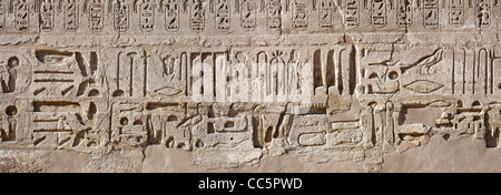 Panorama-Aufnahme des Reliefs auf den ersten Pylon am Tempel des Pharao Ramses III, Medinet Habu, West Bank, Luxor, Ägypten Stockfoto