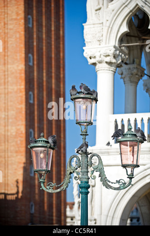 Straßenlaterne ausführlich Markusplatz entfernt, Venedig, mit Campanile und Tauben Stockfoto