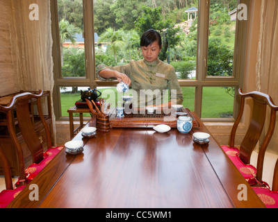 Frau Tee in eine Tasse gießt, während chinesische Teezeremonie, Sofitel Dongguan Royal Lagoon, Dongguan, Guangdong, China Stockfoto