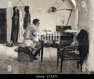 Leo Tolstoi (1828-1910). Russischer Schriftsteller. Totlstoy in seinem Arbeitszimmer. Stockfoto