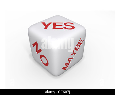 Weißer Würfel mit Ja, Nein und vielleicht in roter Schrift auf weißem Hintergrund und einem Schatten. Stockfoto