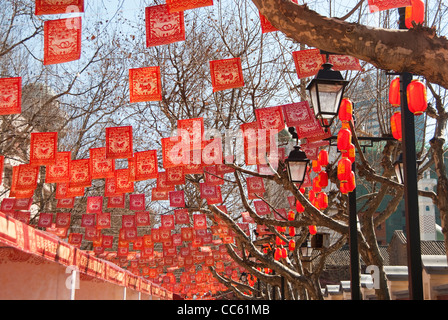 Straße mit Scherenschnitt und Laternen geschmückt, während Frühlingsfest, Kunming, Yunnan, China Stockfoto