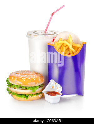 Sandwich mit Pommes frites isoliert auf weißem Hintergrund Stockfoto