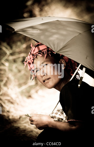 Porträt einer Pa O Tribeswoman ruht unter einem Sonnenschirm auf der Straße zwischen Aungban und Pindaya in der Shan-Staat, Burma. Stockfoto