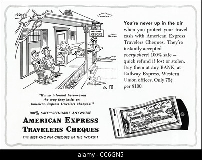 Amerikanischen Magazin Werbung ca. 1954 für AMERICAN EXPRESS TRAVELERS CHEQUES Stockfoto