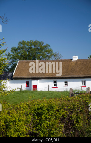 Traditionelle irische Cottage mit Strohdach, die Birken, County Armagh, Nordirland. Stockfoto