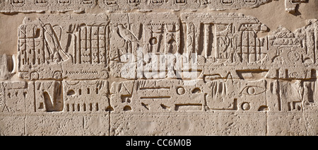 Panorama-Aufnahme des Reliefs auf den ersten Pylon am Tempel des Pharao Ramses III, Medinet Habu, West Bank, Luxor, Ägypten Stockfoto