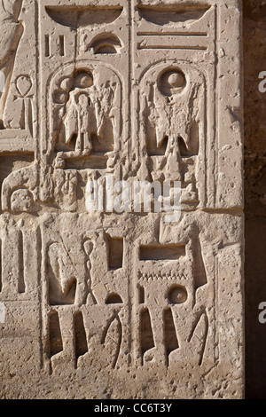 Blick auf überschrieben Kartusche auf dem ersten Pylon am Tempel des Pharao Ramses III, Medinet Habu, West Bank, Luxor, Ägypten Stockfoto