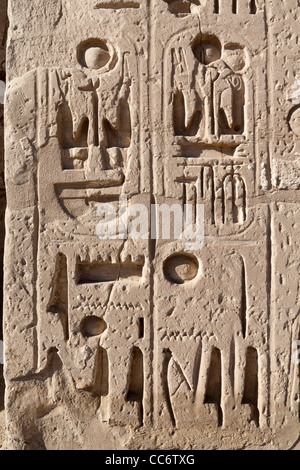 Blick auf überschrieben Kartusche auf dem ersten Pylon am Tempel des Pharao Ramses III, Medinet Habu, West Bank, Luxor, Ägypten Stockfoto