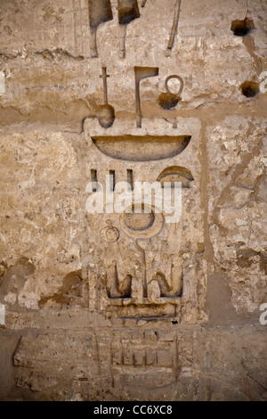 Blick auf überschrieben Kartusche auf dem ersten Pylon am Tempel des Pharao Ramses III, Medinet Habu, West Bank, Luxor, Ägypten Stockfoto