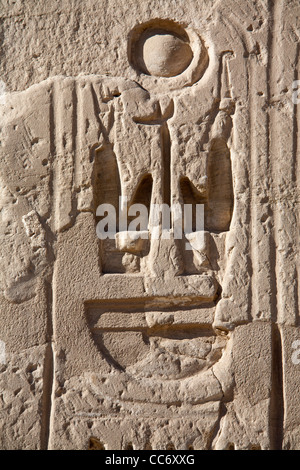 Blick auf überschrieben Kartusche auf dem ersten Pylon am Tempel des Pharao Ramses III, Medinet Habu, West Bank, Luxor, Ägypten Stockfoto