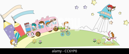 Kinder reiten auf den Bus, Fahrrad, Holzpferd und Raumschiff Stockfoto
