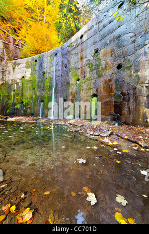 Landschaft mit einer alten Wand mit Wasser durchströmt und Flechten Stockfoto